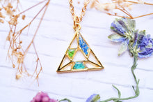 Real Pressed Flowers in Resin, Gold Triangle Necklace in Teal Green Blue