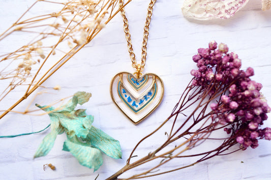 Real Pressed Flowers in Resin, Gold Heart Necklace in Blue