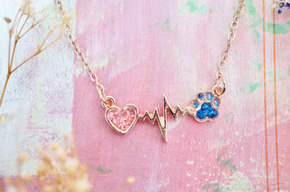 Real Pressed Flowers in Resin, Gold Dog Necklace in Blue and Pink