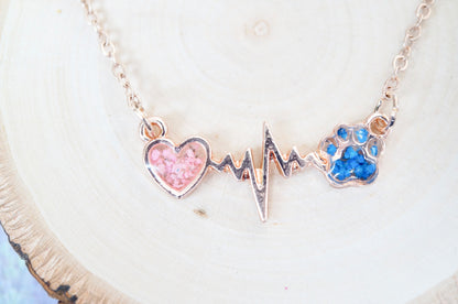 Real Pressed Flowers in Resin, Gold Dog Necklace in Blue and Pink