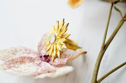 Real Pressed Flower and Resin Ring, Gold Sun in Mint and Light Pink