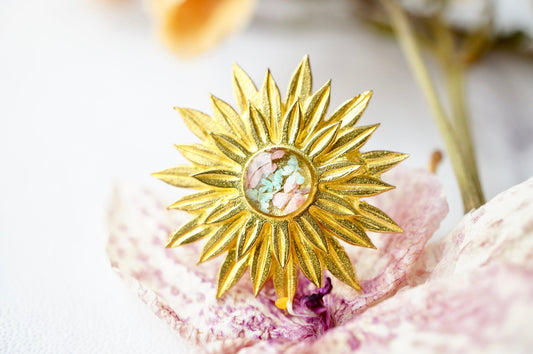 Real Pressed Flower and Resin Ring, Gold Sun in Mint and Light Pink