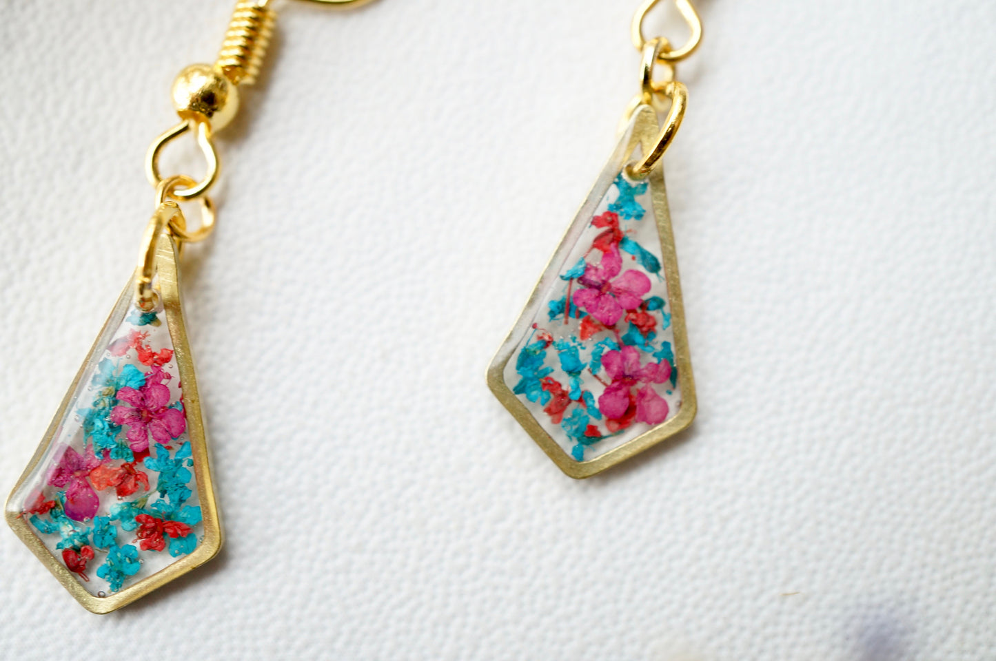 Real Pressed Flowers and Resin Drop Earrings, Gold Diamonds in Teal Red Burgundy