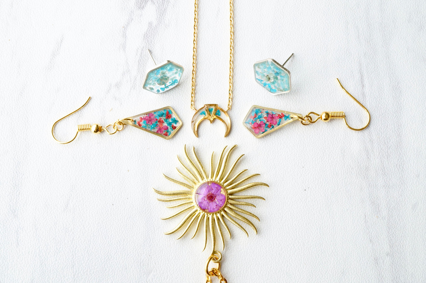 Real Pressed Flowers and Resin Drop Earrings, Gold Diamonds in Teal Red Burgundy