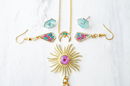 Real Pressed Flowers and Resin Drop Earrings, Gold Diamonds in Teal Red Burgundy