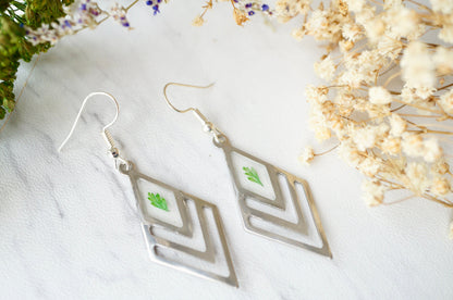 Real Pressed Flowers and Resin Earrings, Silver Drops with Green Fern