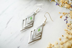 Real Pressed Flowers and Resin Earrings, Silver Drops with Green Fern