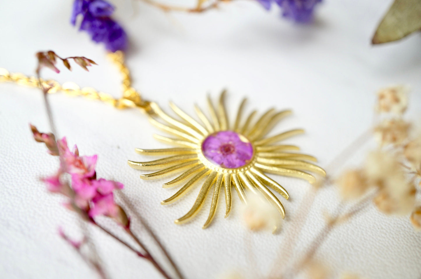 Real Pressed Flowers in Resin, Gold Necklace, Sun in Purple