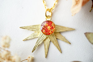 Real Pressed Flowers in Resin, Gold Necklace, Sun in Red and Orange