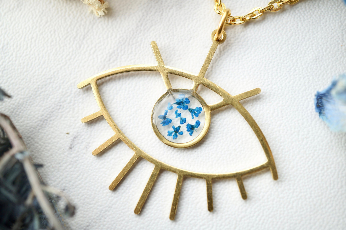 Real Pressed Flowers in Resin, Gold Necklace, Brass Eye in Blue