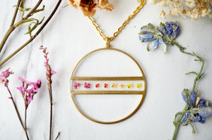 Real Pressed Flowers in Resin, Gold Necklace, Ombre Circle In Burgundy Red Orange Yellow