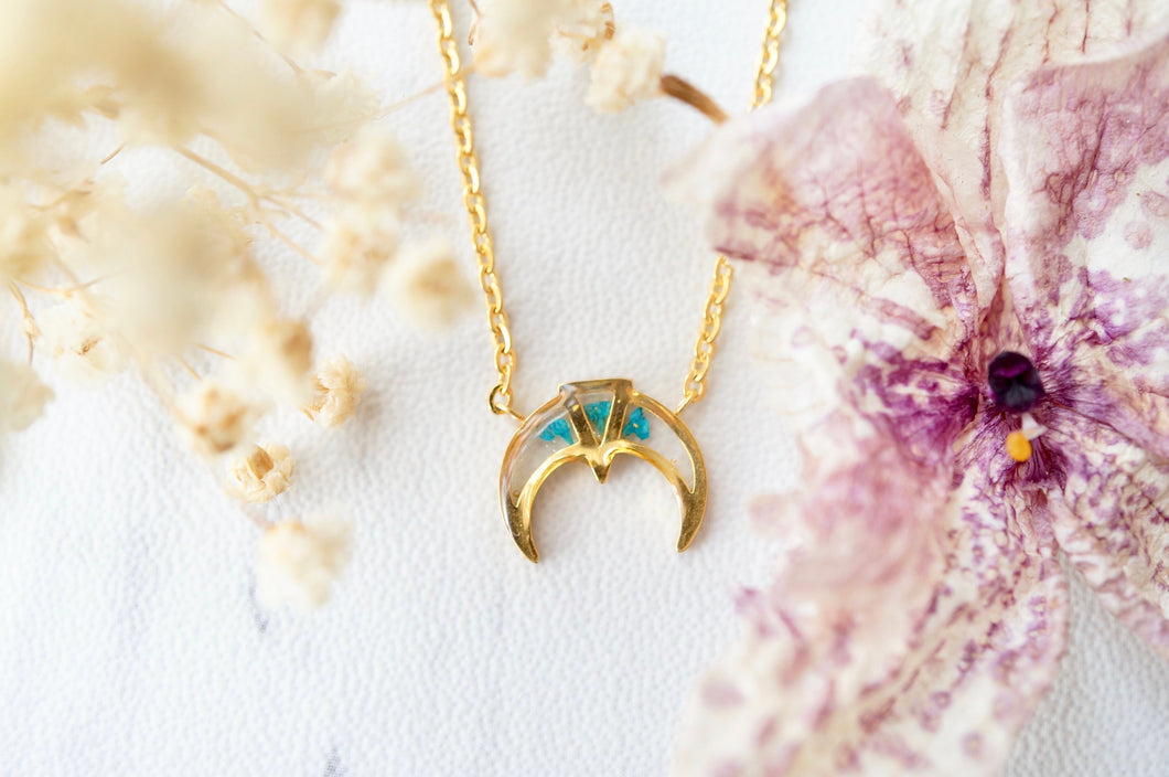 Real Pressed Flowers in Resin, Gold Tribal Necklace in Teal
