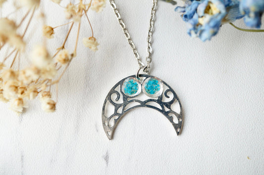 Real Pressed Flowers in Resin, Silver Tribal Necklace in Teal