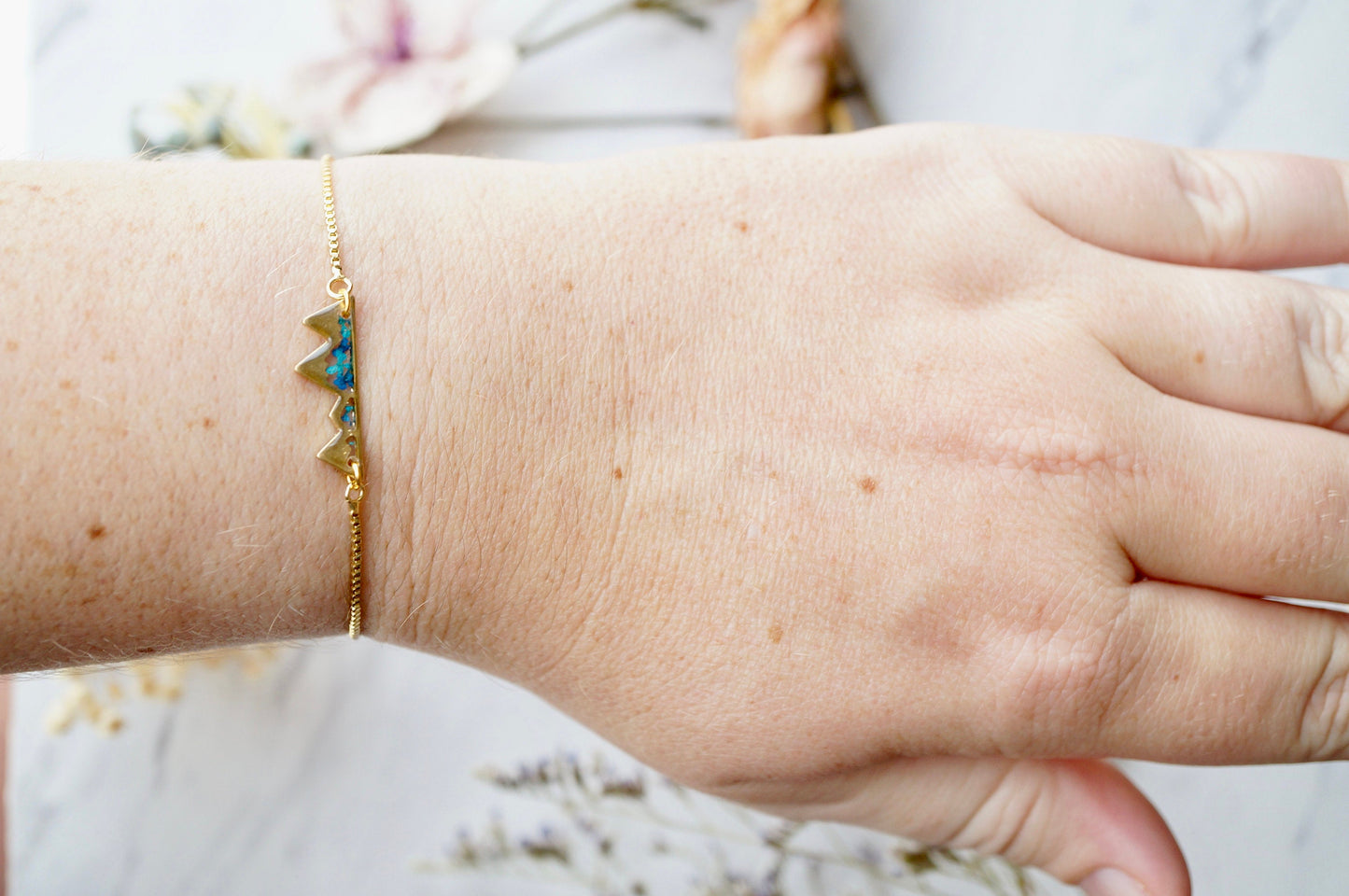 Real Pressed Flowers and Resin Adjustable Bracelet, Gold Mountains in Blue and Teal