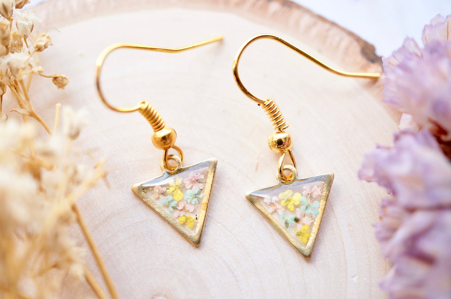 Real Pressed Flowers and Resin Drop Earrings, Gold Triangles in Yellow Mint Light Pink