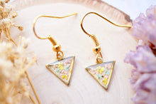 Real Pressed Flowers and Resin Drop Earrings, Gold Triangles in Yellow Mint Light Pink