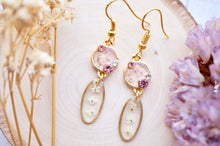 Real Dried Flowers and Resin Earrings, Gold Drops in Pink and White