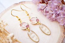 Real Dried Flowers and Resin Earrings, Gold Drops in Pink and White