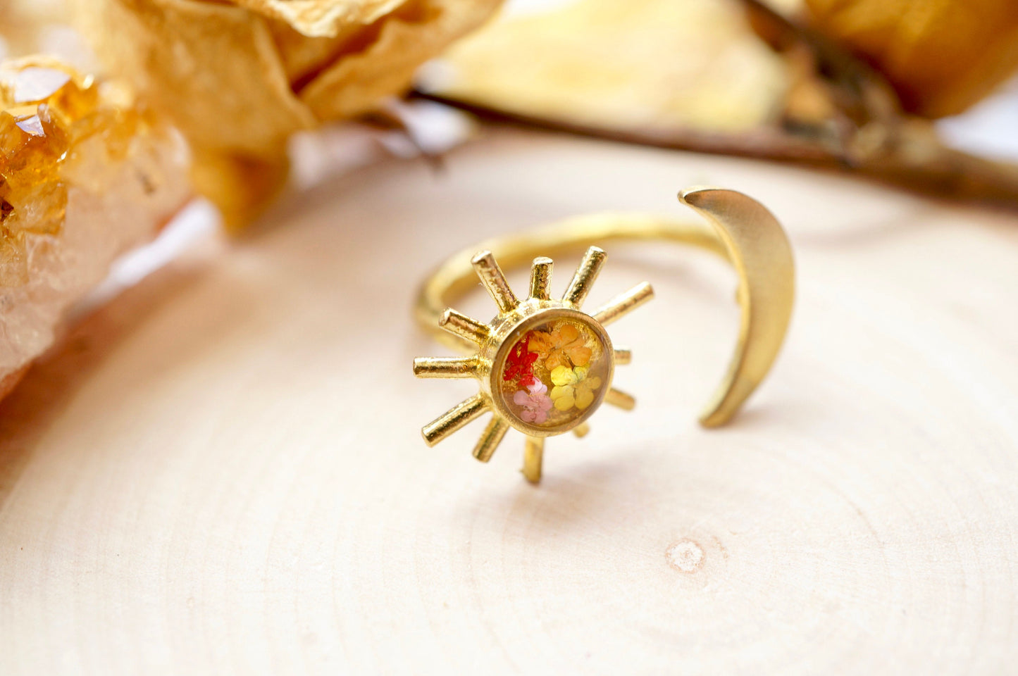 Real Pressed Flower and Resin Ring, Gold Celestial Moon and Sun in Orange Yellow Red Pink