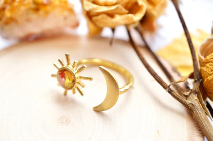 Real Pressed Flower and Resin Ring, Gold Celestial Moon and Sun in Orange Yellow Red Pink