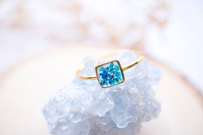 Real Pressed Flower and Resin Ring, Gold Band in Blue and Teal