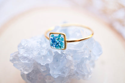 Real Pressed Flower and Resin Ring, Gold Band in Blue and Teal