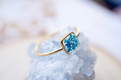 Real Pressed Flower and Resin Ring, Gold Band in Blue and Teal