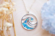 Real Pressed Flowers in Resin, Silver Circle Wave Necklace in Teal and Blue
