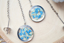 Real Pressed Flowers and Resin Threader Earrings, Silver Circles in Mint and Blue