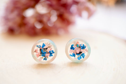 Real Pressed Flowers and Resin, Circle Stud Earrings in Blue and Light Pink