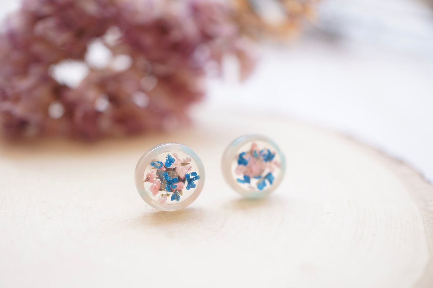 Real Pressed Flowers and Resin, Circle Stud Earrings in Blue and Light Pink