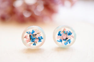 Real Pressed Flowers and Resin, Circle Stud Earrings in Blue and Light Pink