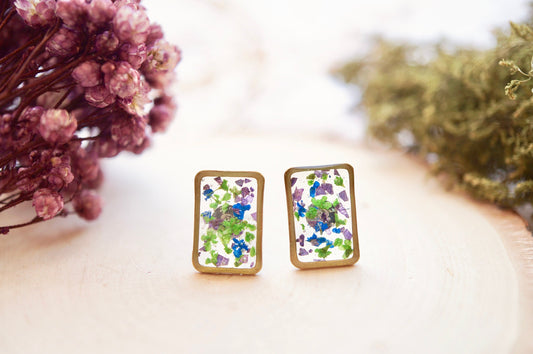 Real Pressed Flowers and Resin Stud Earrings, Gold Rectangle in Green Blue with Purple Glass Glitter