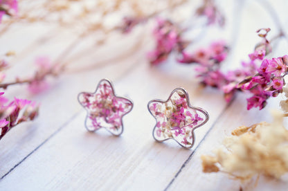 Real Pressed Flowers and Resin Stud Earrings, Silver Flowers in Pink White