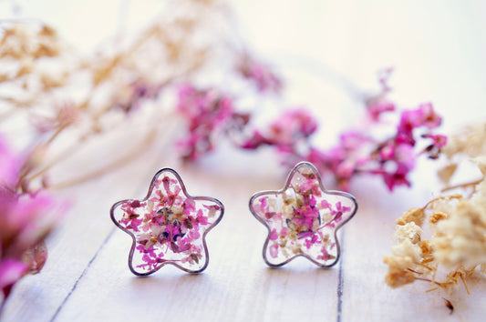 Real Pressed Flowers and Resin Stud Earrings, Silver Flowers in Pink White