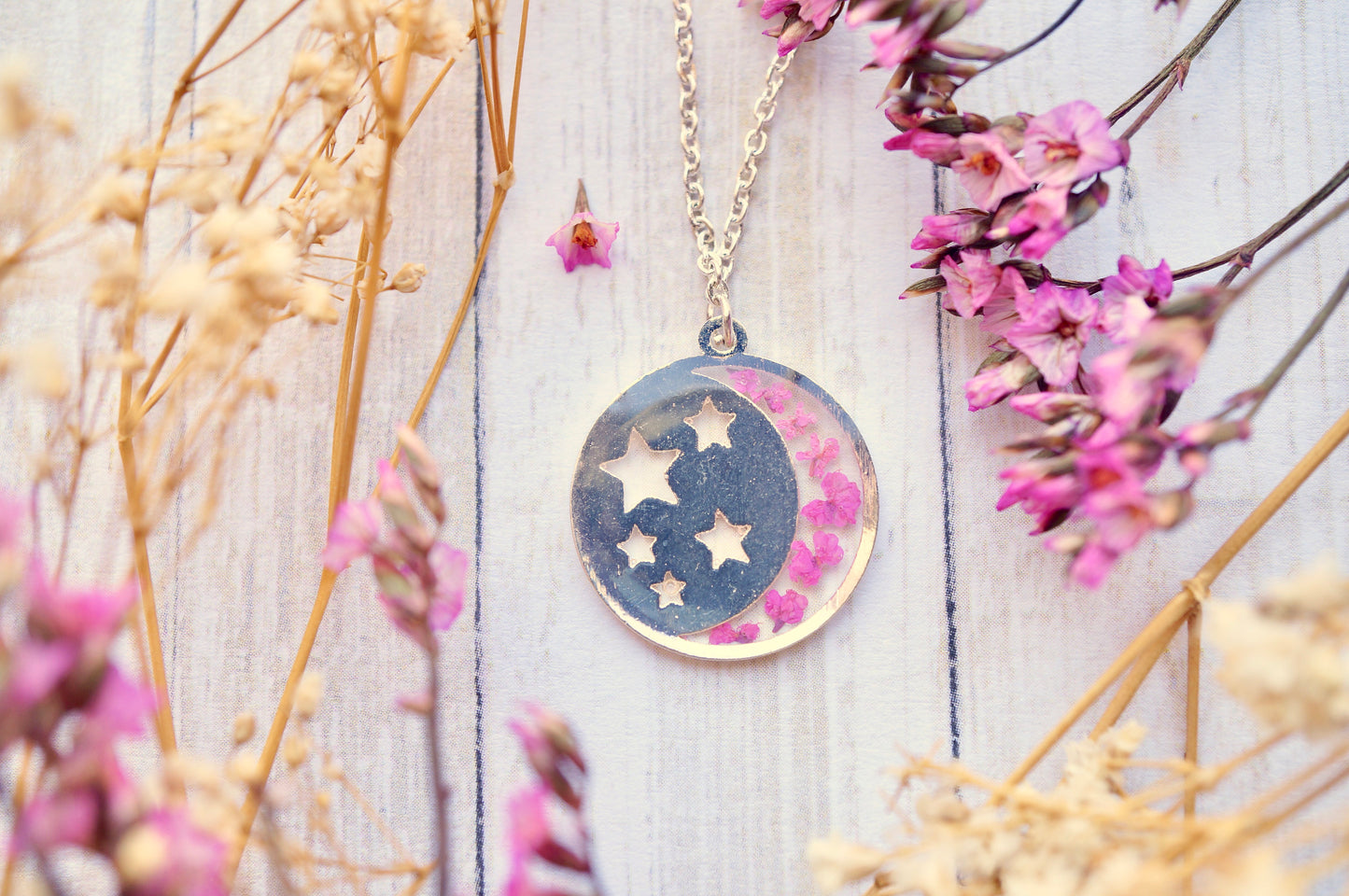 Real Pressed Flowers in Resin, Silver Moon and Stars Necklace in Pink