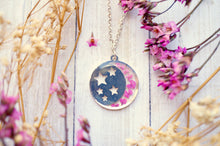 Real Pressed Flowers in Resin, Silver Moon and Stars Necklace in Pink