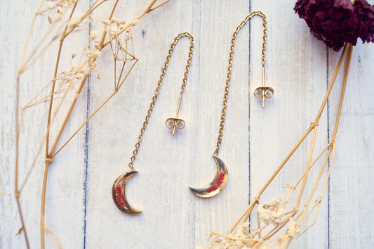 Real Pressed Flowers and Resin Threader Earrings, Gold Moons in Red