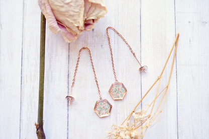 Real Pressed Flowers and Resin Threader Earrings, Rose Gold Hexagon in Mint and Light Pink