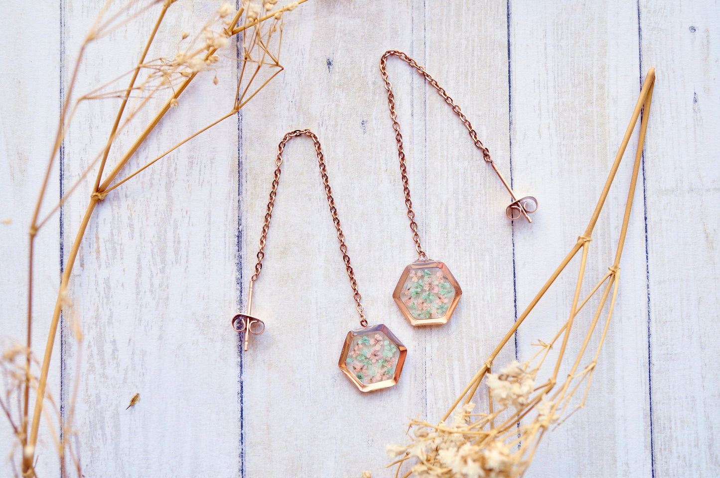 Real Pressed Flowers and Resin Threader Earrings, Rose Gold Hexagon in Mint and Light Pink