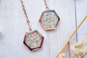 Real Pressed Flowers and Resin Threader Earrings, Rose Gold Hexagon in Mint and Light Pink