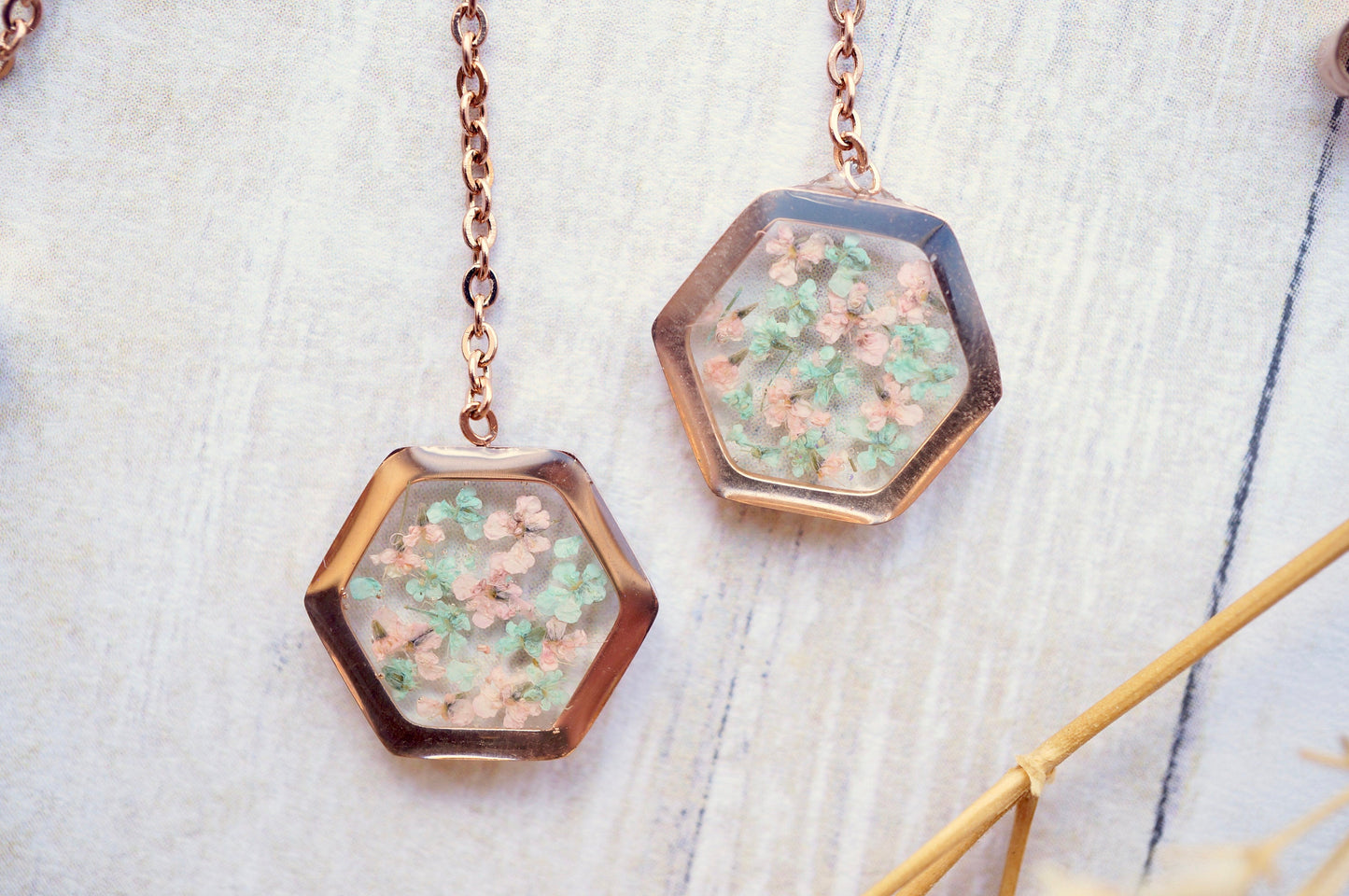 Real Pressed Flowers and Resin Threader Earrings, Rose Gold Hexagon in Mint and Light Pink