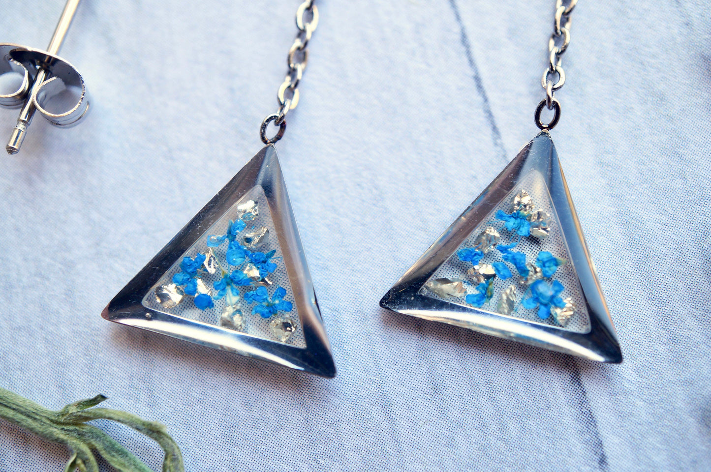 Real Pressed Flowers and Resin Threader Earrings, Silver Triangle in Blue