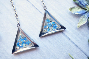 Real Pressed Flowers and Resin Threader Earrings, Silver Triangle in Blue