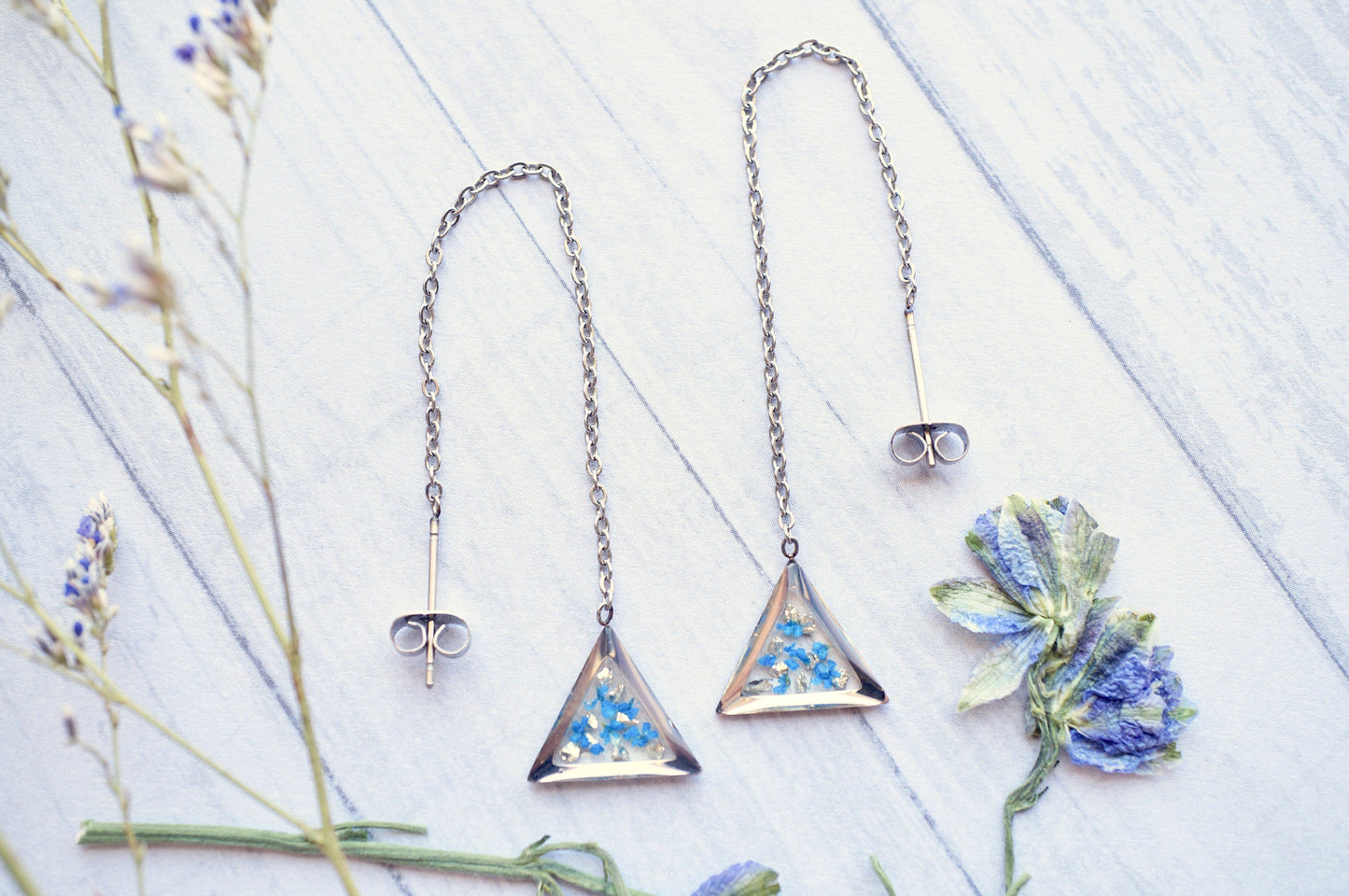 Real Pressed Flowers and Resin Threader Earrings, Silver Triangle in Blue