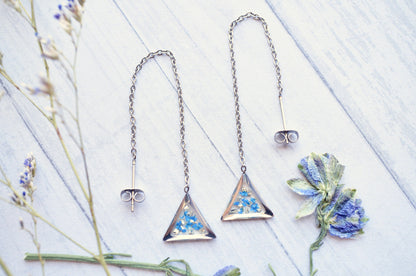 Real Pressed Flowers and Resin Threader Earrings, Silver Triangle in Blue