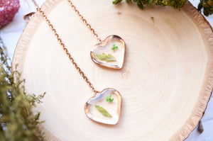Real Pressed Flowers and Resin Threader Earrings, Rose Gold Heart in Green