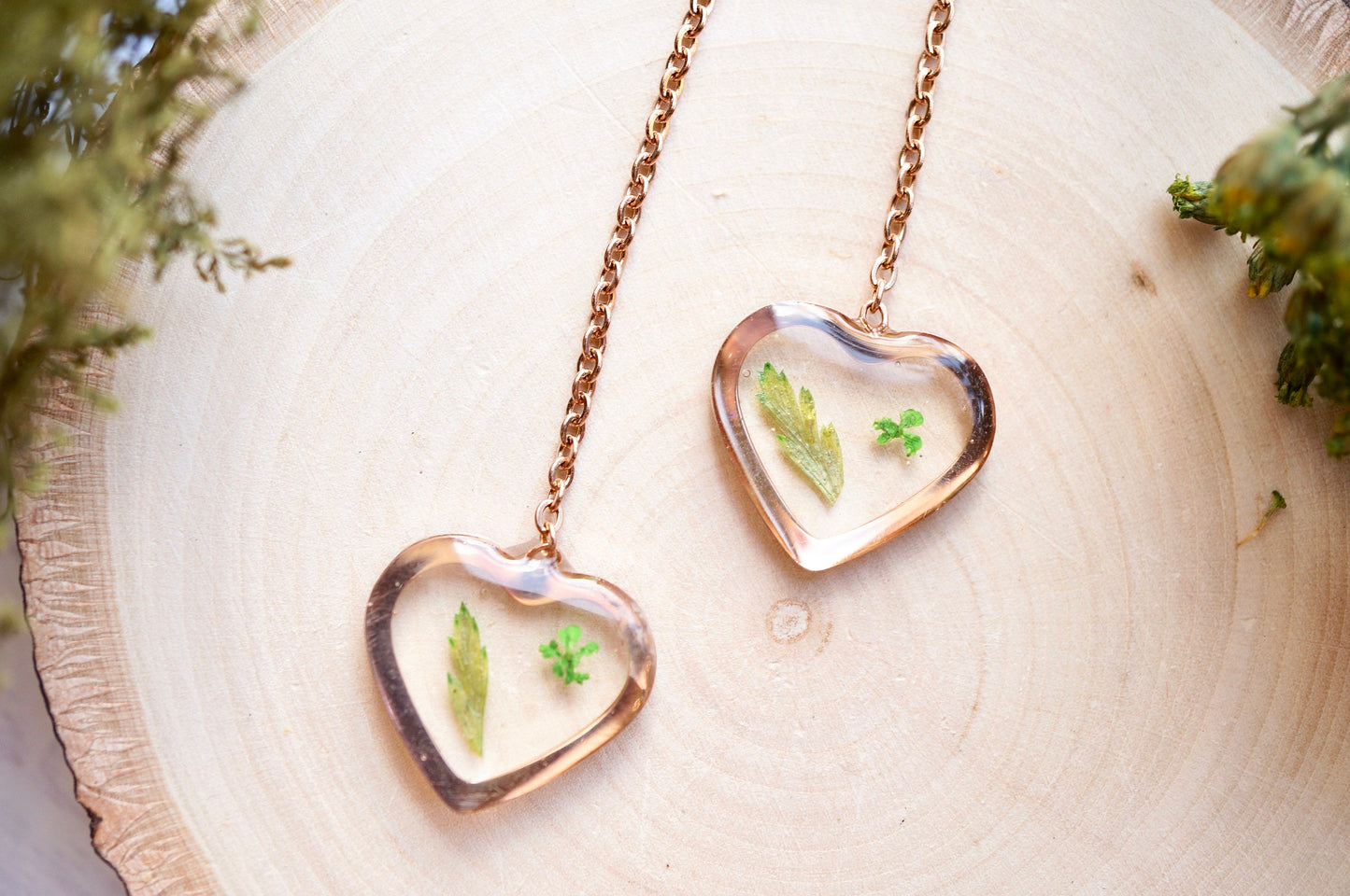 Real Pressed Flowers and Resin Threader Earrings, Rose Gold Heart in Green