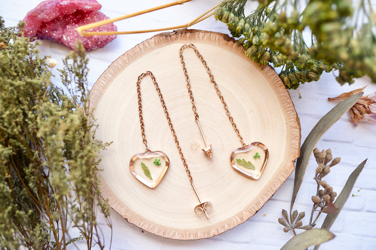 Real Pressed Flowers and Resin Threader Earrings, Rose Gold Heart in Green