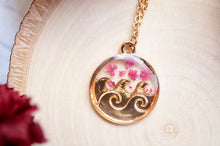 Real Pressed Flowers in Resin, Gold Circle Wave Necklace in Burgundy